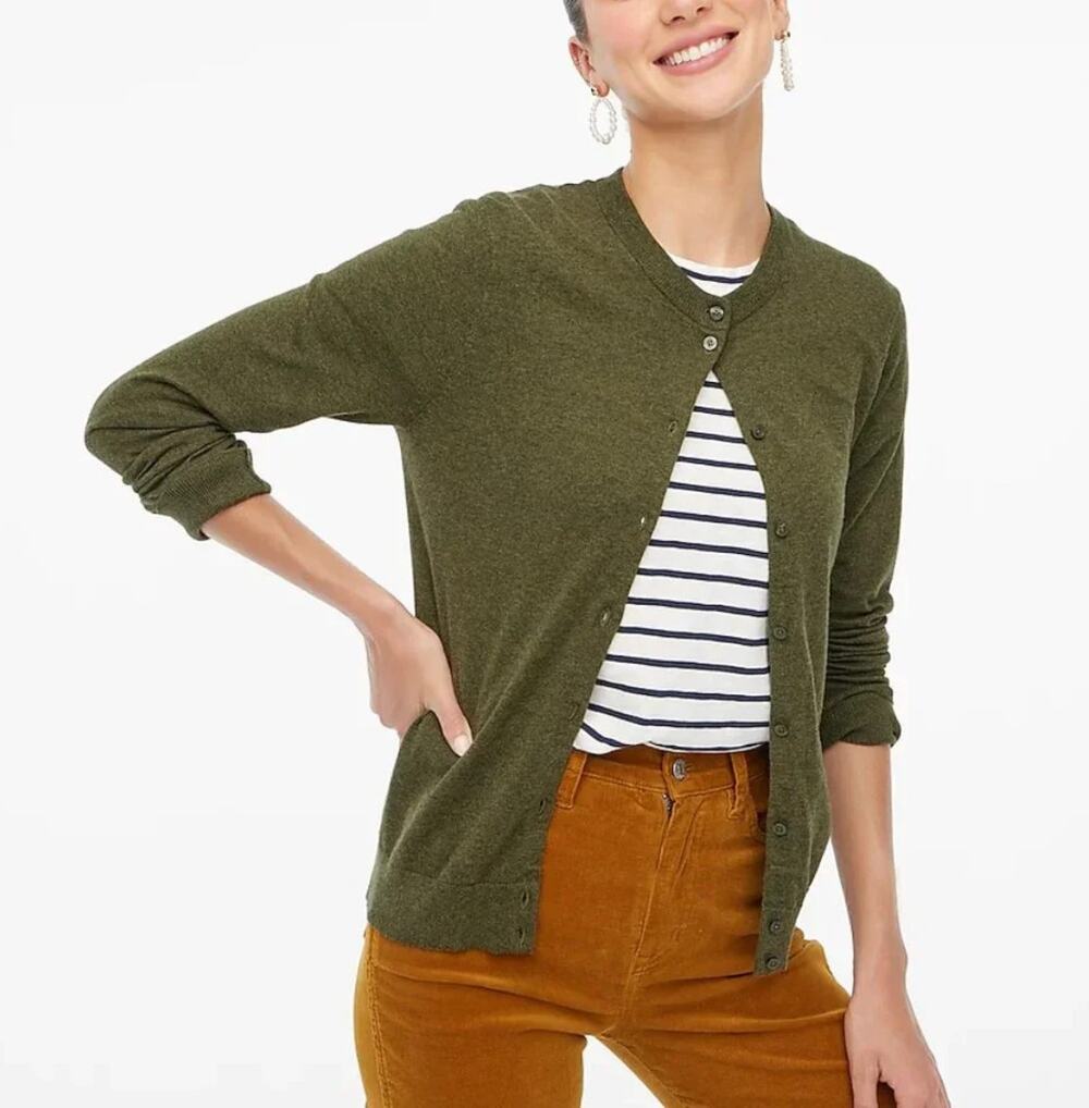 J. Crew Classic Cotton Cardigan Sweater Olive Green E5957 Size XS
